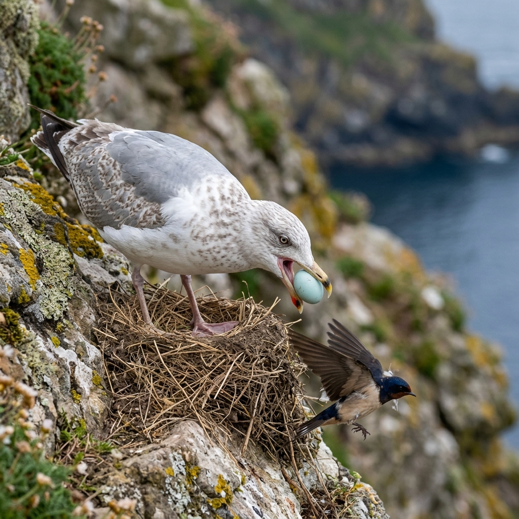 Gaivota a atacar um ninho de pássaro